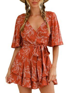 Women's Orange Summer Sexy Short Flared Sleeve V Neck Floral Print Jumpsuit